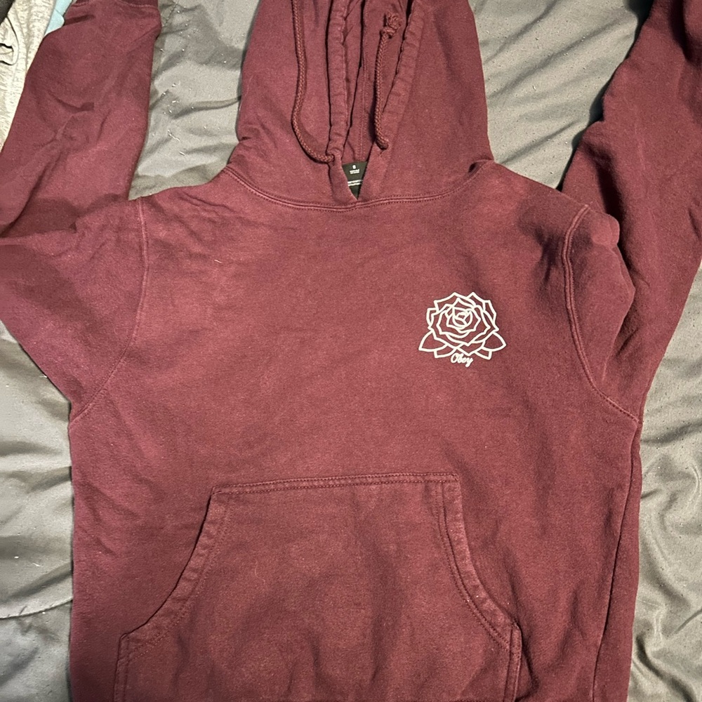 Obey Maroon Hoodie with White Rose Design